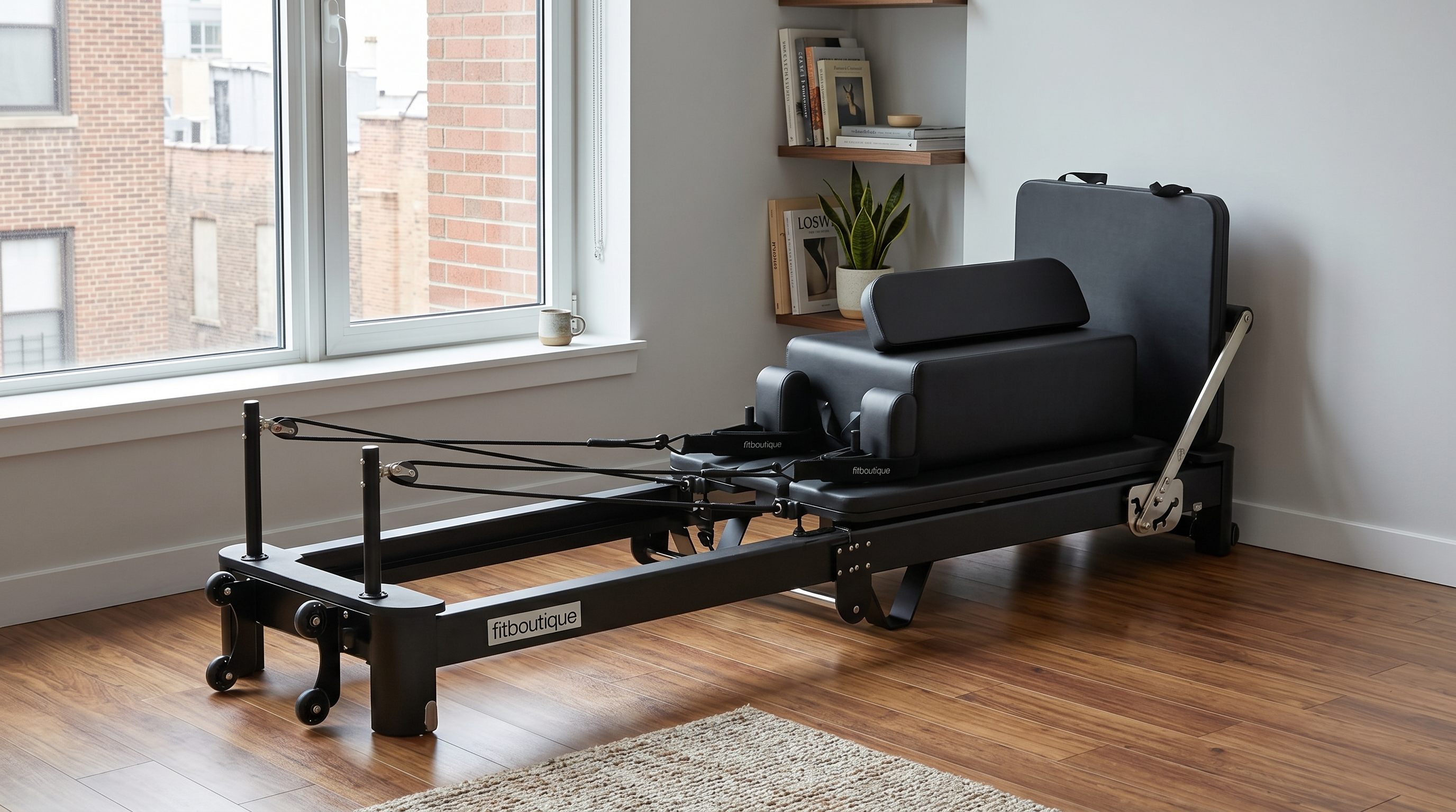 FitBoutique Onyx Fold reformer in a compact city apartment corner