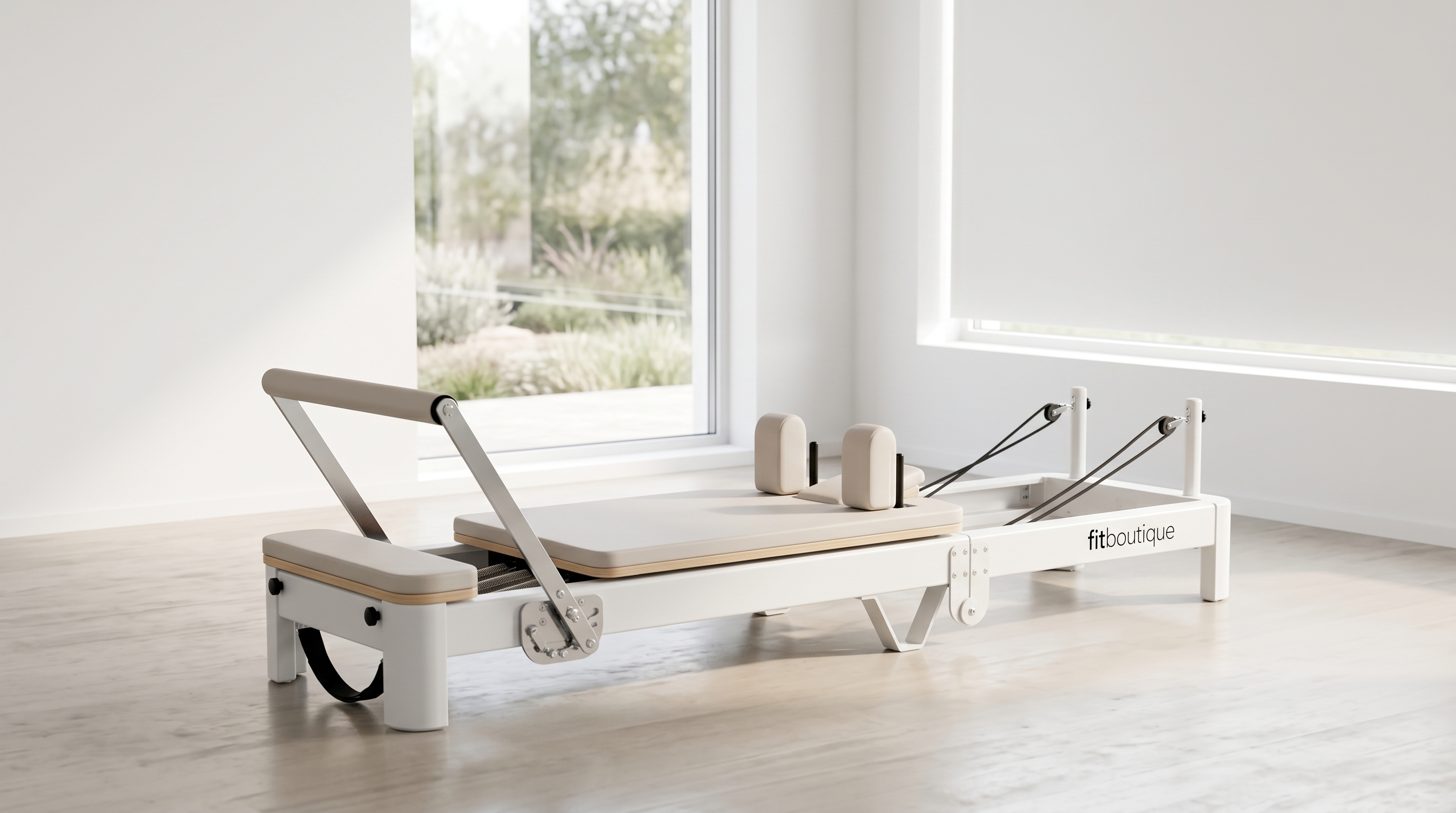 FitBoutique White Edition reformer in a serene light-filled room